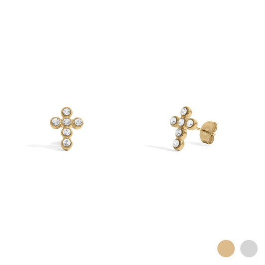18K Gold Stainless Steel Round Cross Earrings