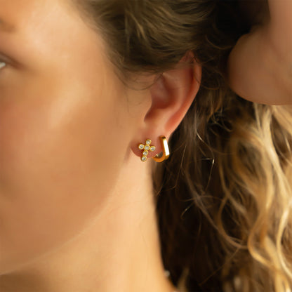 18K Gold Stainless Steel Round Cross Earrings